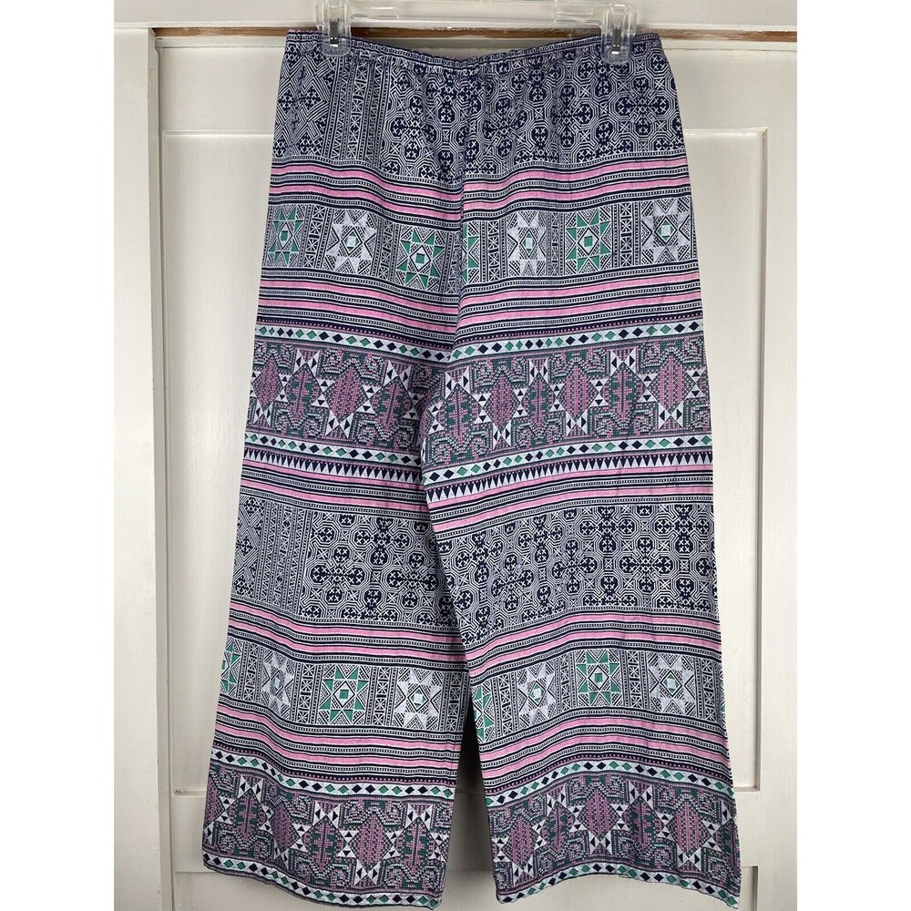 Cotton Tribal Boho Hippie Pants Women's Small Blue Pink Green Straight Leg Crop - Picture 4 of 16